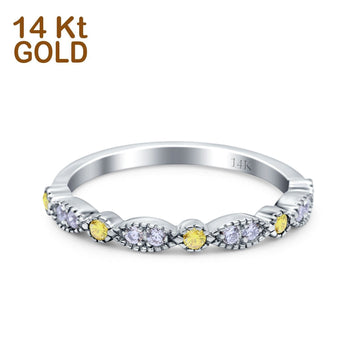 14K White Gold Half Eternity Art Deco Round Wedding Band Simulated Yellow CZ Ring